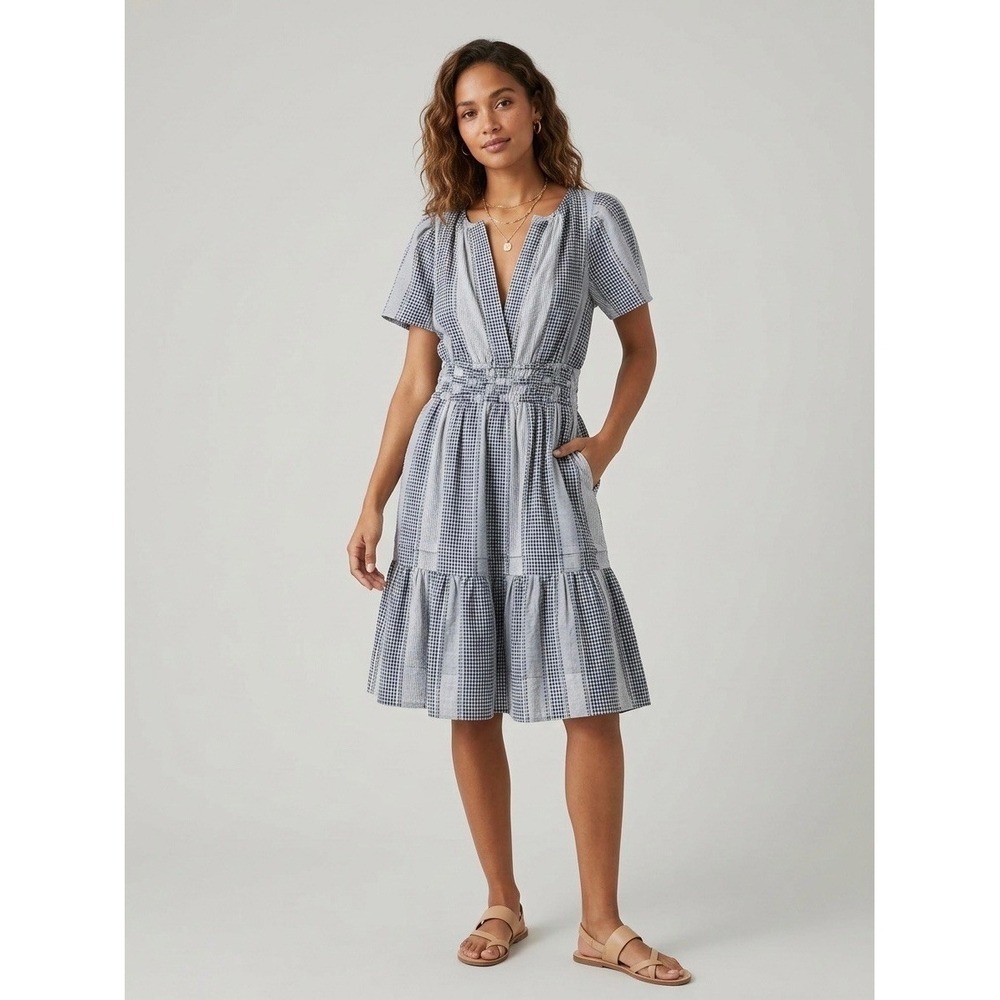 Anthropologie Mixed Gingham Patchwork Dress Navy White Smocked Waist XS